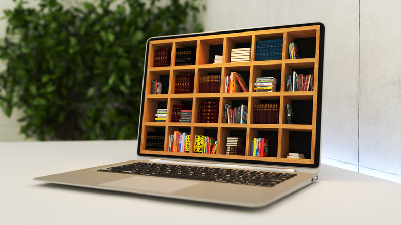 Laptop with online library deep of field realistic 3D rendering