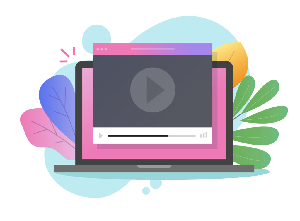 Online video webinar tutorial watching on computer laptop of pc with internet movie on screen vector flat cartoon, illustration of video player window on website modern colorful design