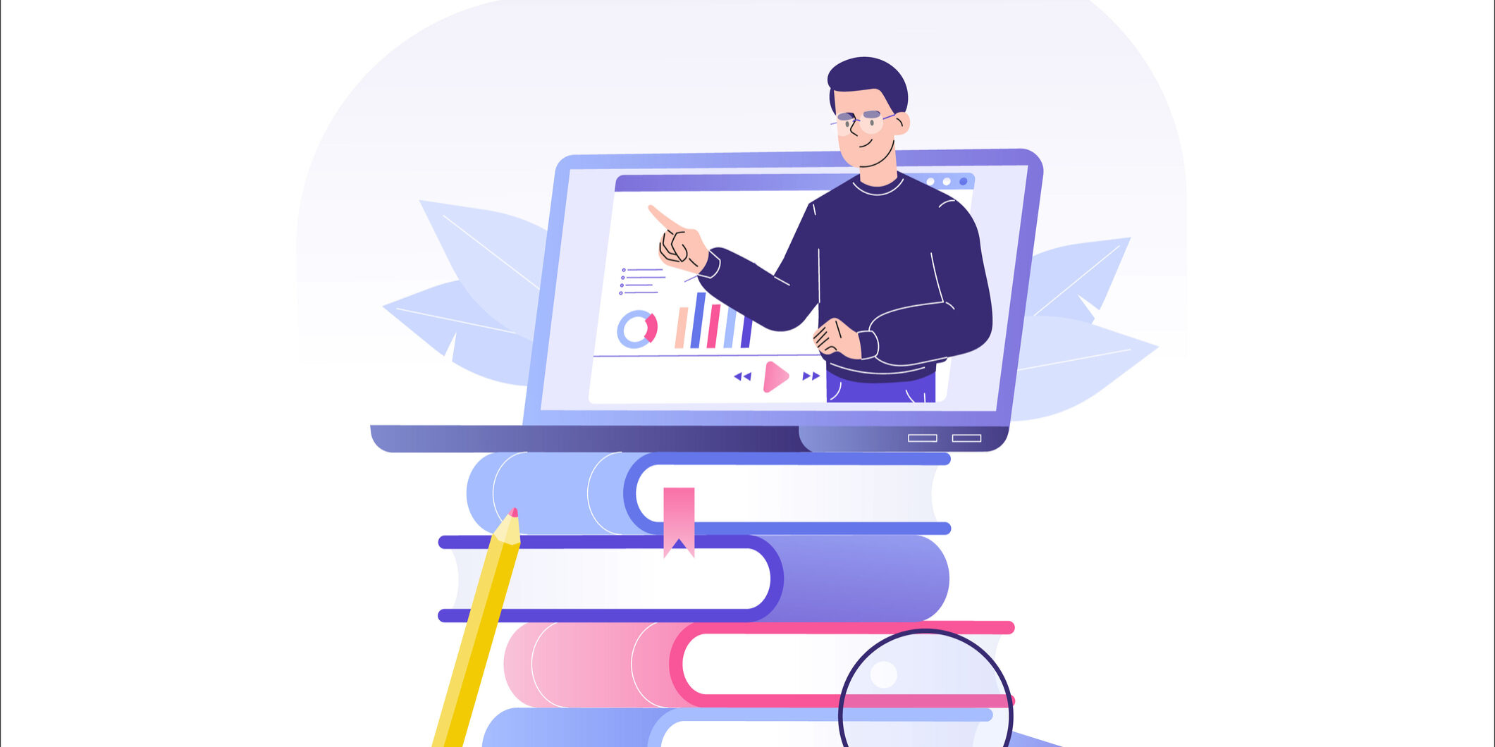 Online education or business training concept. Online man mentor on laptop with books. Distance education during coronavirus quarantine. Webinar or video seminar. E learning. Vector illustration