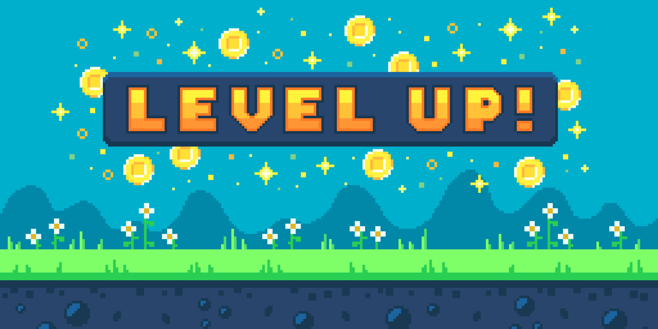 Pixel art design with outdoor landscape background. Colorful pixel arcade screen for game design. Banner with button level up. Game design concept in retro style. Vector illustration.