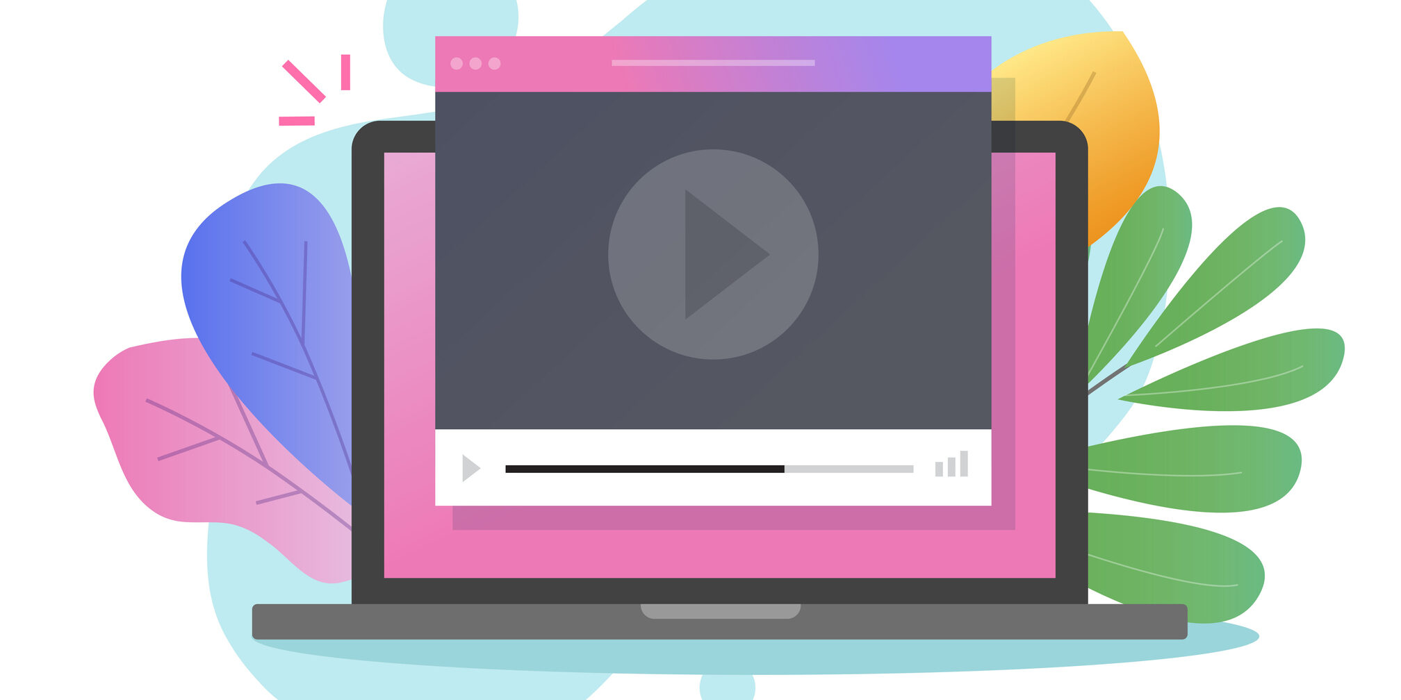 Online video webinar tutorial watching on computer laptop of pc with internet movie on screen vector flat cartoon, illustration of video player window on website modern colorful design